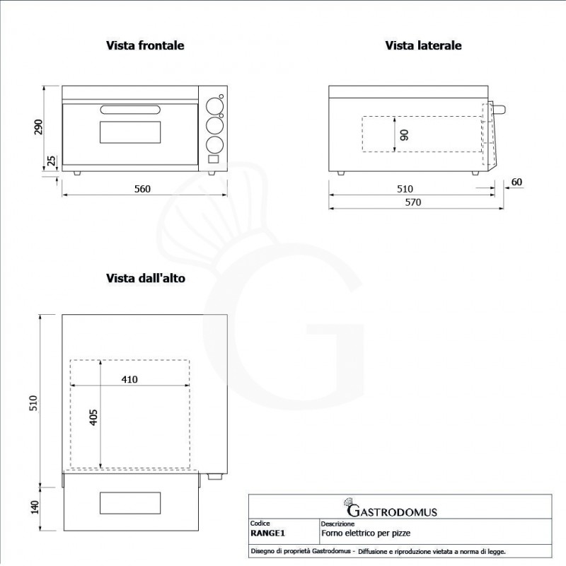 Elektro-Pizzaofen, 1 Backkammer, für 1 Pizza (Ø 320 mm), mechanische Kontrolle, 350 °C, 2 kW