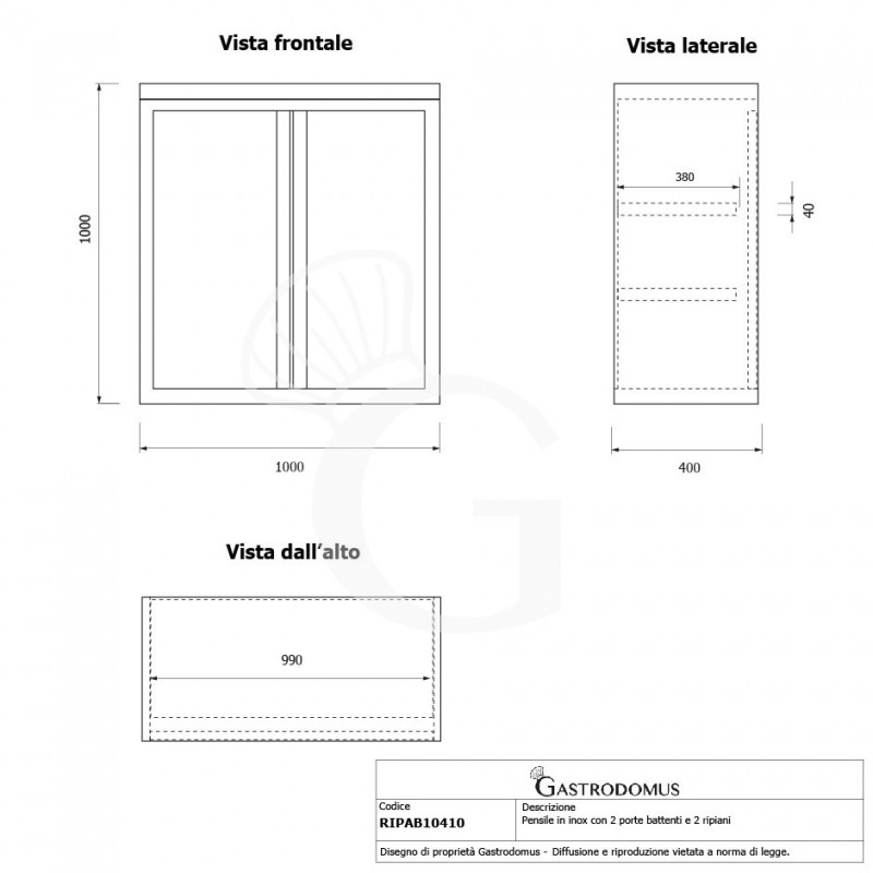 Wandhängeschrank, Edelstahl, 2 Flügeltüren, 2 Zwischenböden, B 1000 mm x T 400 mm x H 1000 mm