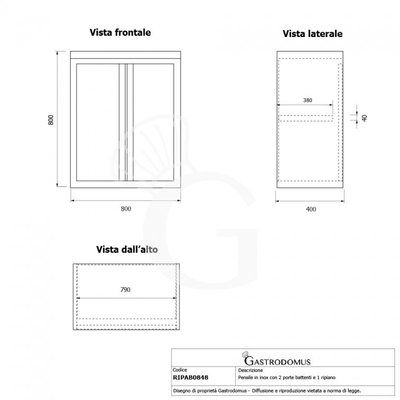 Wandhängeschrank, Edelstahl, 1 Flügeltür, 1 Zwischenboden, B 800 mm x T 400 mm x H 800 mm