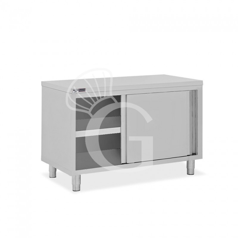 Schranktisch / Arbeitsschrank, Edelstahl, 2 Schiebetüren, B 1200 mm x T 700 mm x H 850 mm