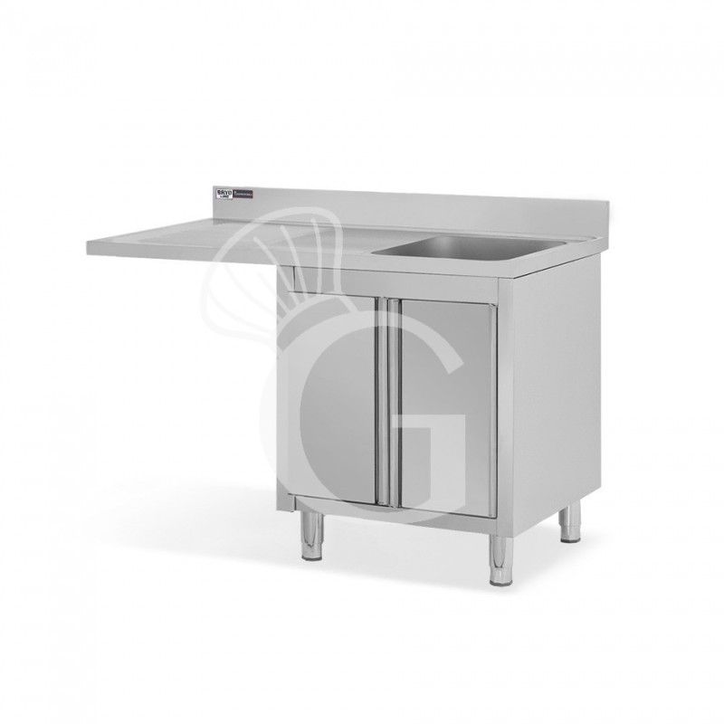 Spülmaschinen Spülschrank, Edelstahl, 1 Becken, Abtropffläche links, Flügeltür, B 1400 mm x T 700 mm x H 950 mm