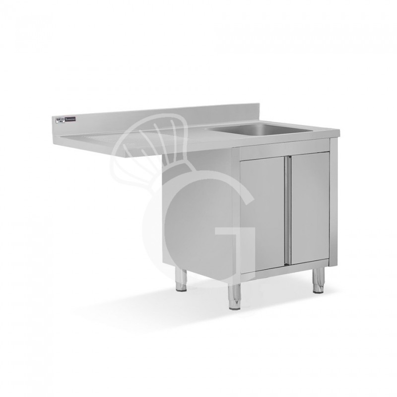 Spülmaschinen Spülschrank, Edelstahl, 1 Becken, Abtropffläche links, Flügeltür, Hahnloch Ø 32 mm, B 1400 x T 600 x H 965 mm