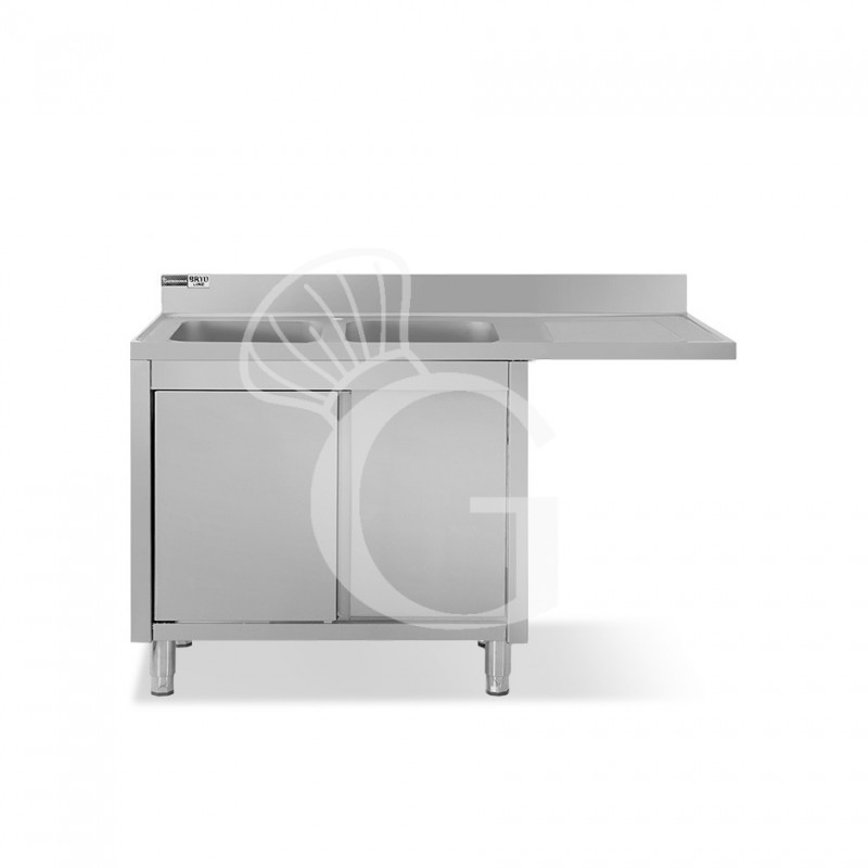 Spülmaschinen Spülschrank, Edelstahl, 2 Becken, Abtropffläche rechts, Schiebetüren, 1800x700x965 mm - mit Hahnloch Ø 32 mm