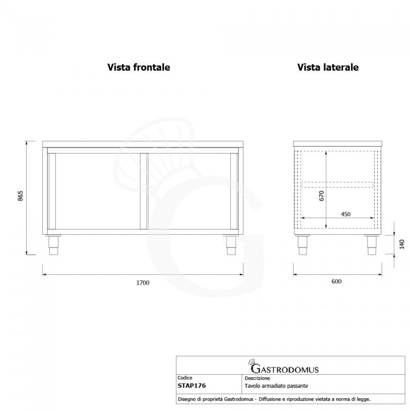 Durchreicheschrank, Edelstahl, Schiebetüren, B 1700 mm x 600 mm x  850 mm