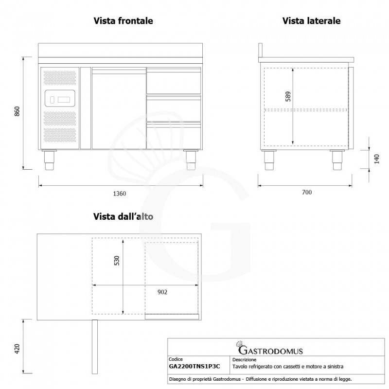 Kühltisch, 3 Schubladen, 1 Tür, Aufkantung, T 700 mm, - 2° C/ + 8° C, Motor auf der linken Seite