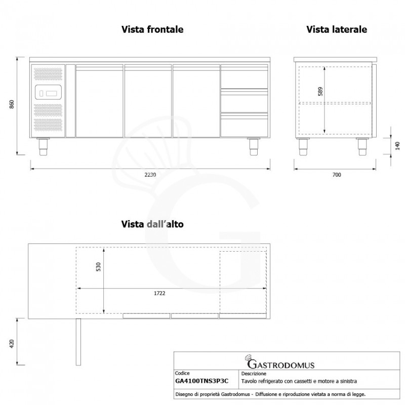 copy of Tavolo refrigerato - 3 porte e 3 cassetti - Prof. 700 - temperatura -2°C/+8°C
