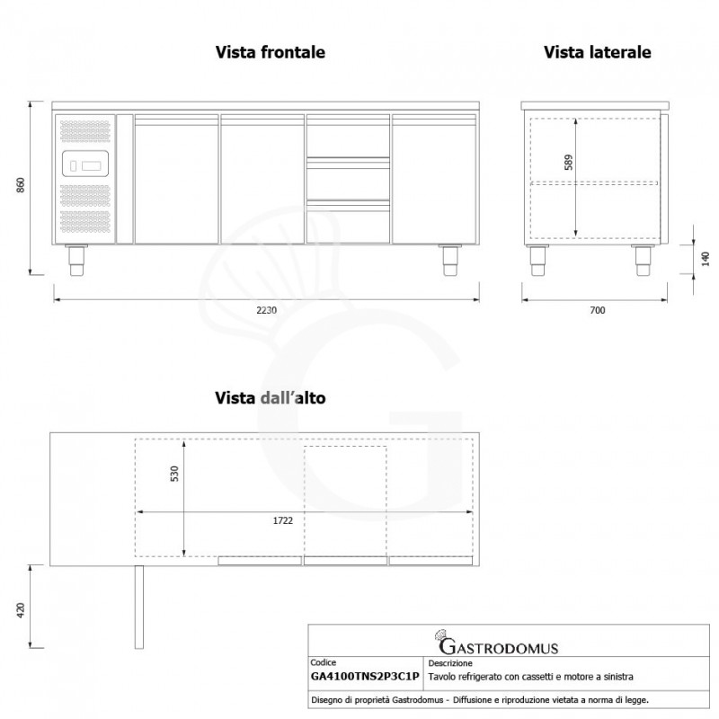 Kühltisch, 3 Schubladen, 3 Türen, T 700 mm, - 2° C/ + 8° C, Motor auf der linken Seite