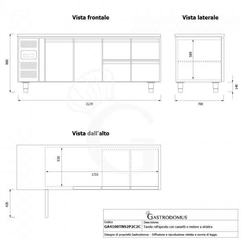 copy of Tavolo refrigerato - 3 porte e 2 cassetti - Prof. 700 - temperatura -2°C/+8°C