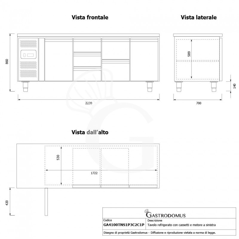 Kühltisch, 5 Schubladen, 2 Türen, T 700 mm, - 2° C/ + 8° C, Motor auf der linken Seite