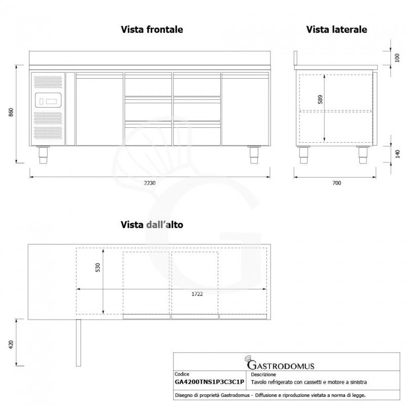Kühltisch, 6 Schubladen, 2 Türen, T 700 mm, - 2° C/ + 8° C, Aufkantung, Motor auf der linken Seite