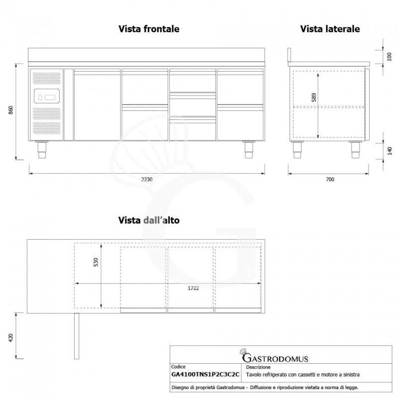 Kühltisch, 7 Schubladen, 1 Tür, T 700 mm, - 2° C/ + 8° C, Aufkantung, Motor auf der linken Seite