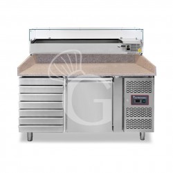 Pizzakühltisch, 1 Tür, 7 Schubladen, 210 L, Gitter 600 x 400 mm, mit Kühlaufsatzvitrine für 5 Behälter GN1/3 + 1 Behälter GN1/2