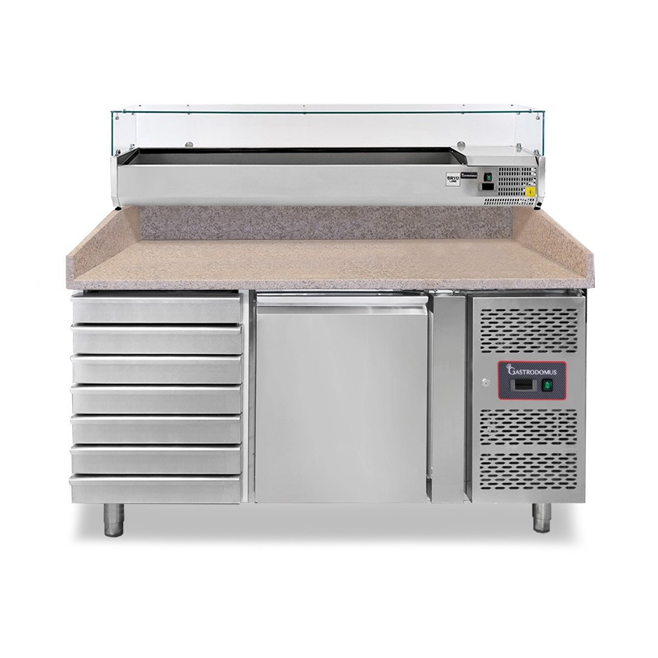 Pizzakühltisch, 1 Tür, 7 Schubladen, 210 L, Gitter 600 x 400 mm, mit Kühlaufsatzvitrine für 5 Behälter GN1/3 + 1 Behälter GN1/2