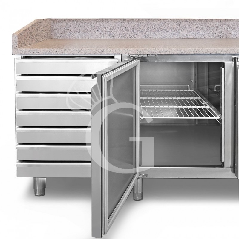 Pizzakühltisch, 1 Tür, 7 Schubladen, 210 L, Gitter 600 x 400 mm, mit Kühlaufsatzvitrine für 7 Behälter GN1/4