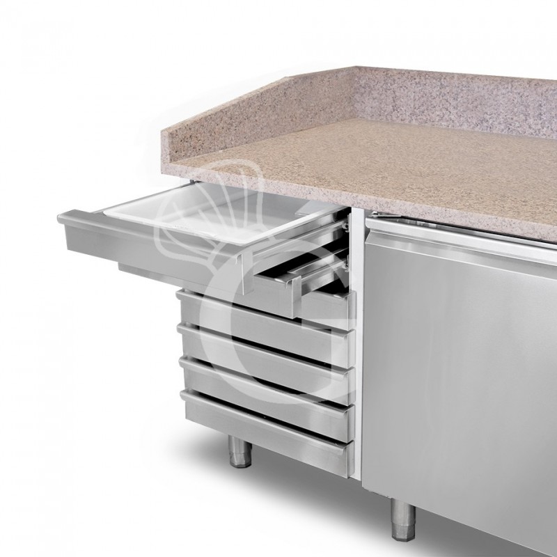 Pizzakühltisch, 1 Tür, 7 Schubladen, 210 L, Gitter 600 x 400 mm, mit Kühlaufsatzvitrine für 7 Behälter GN1/4