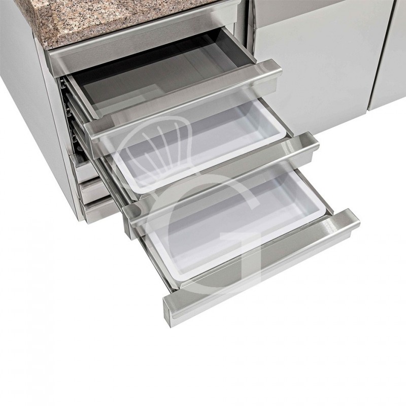 Pizzakühltisch, 1 Tür, 7 Schubladen, 210 L, Gitter 600 x 400 mm, mit Kühlaufsatzvitrine für 7 Behälter GN1/4