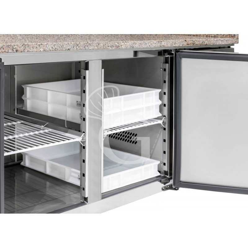 Pizzakühltisch, 1 Tür, 7 Schubladen, 210 L, Gitter 600 x 400 mm, mit Kühlaufsatzvitrine für 7 Behälter GN1/4