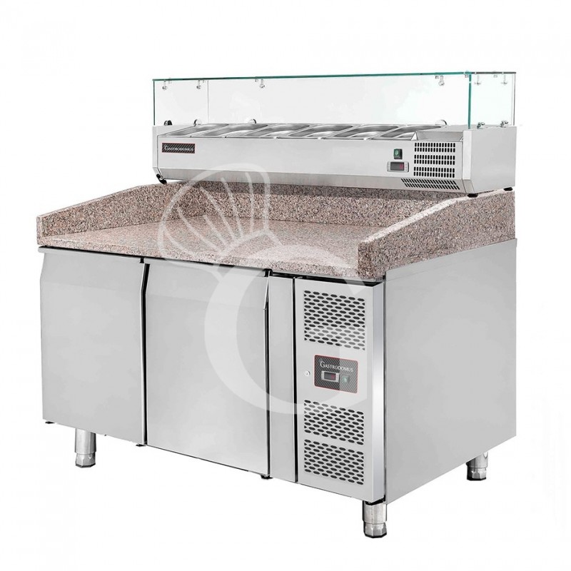 Pizzakühltisch, 2 Türen, 390 Liter, Gitter 600 x 400 mm, mit Kühlaufsatzvitrine für 5 Behälter GN1/3 + 1 Behälter GN1/2