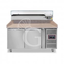 Pizzakühltisch/Pizzatheke, 2 Türen, 390 Liter, Gitter 600 x 400 mm, mit Kühlaufsatzvitrine für 7 Behälter GN1/4