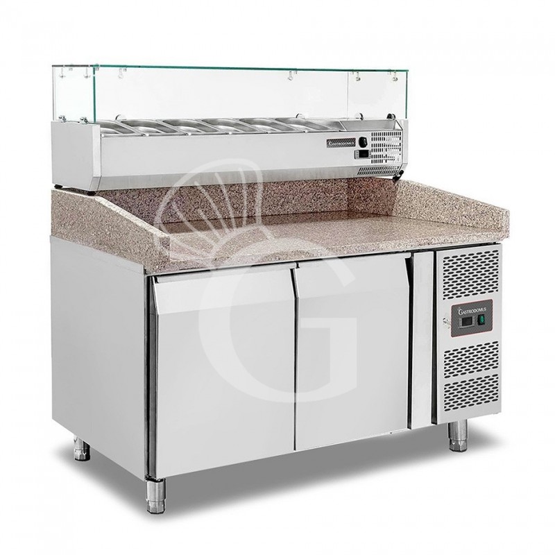 Pizzakühltisch/Pizzatheke, 2 Türen, 390 Liter, Gitter 600 x 400 mm, mit Kühlaufsatzvitrine für 7 Behälter GN1/4