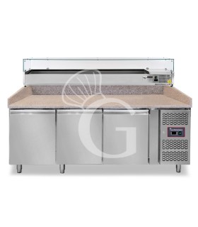 Pizzakühltisch, 3 Türen, 580 L, Gitter 600 x 400 mm, mit Kühlaufsatzvitrine für 9 Behälter GN1/3