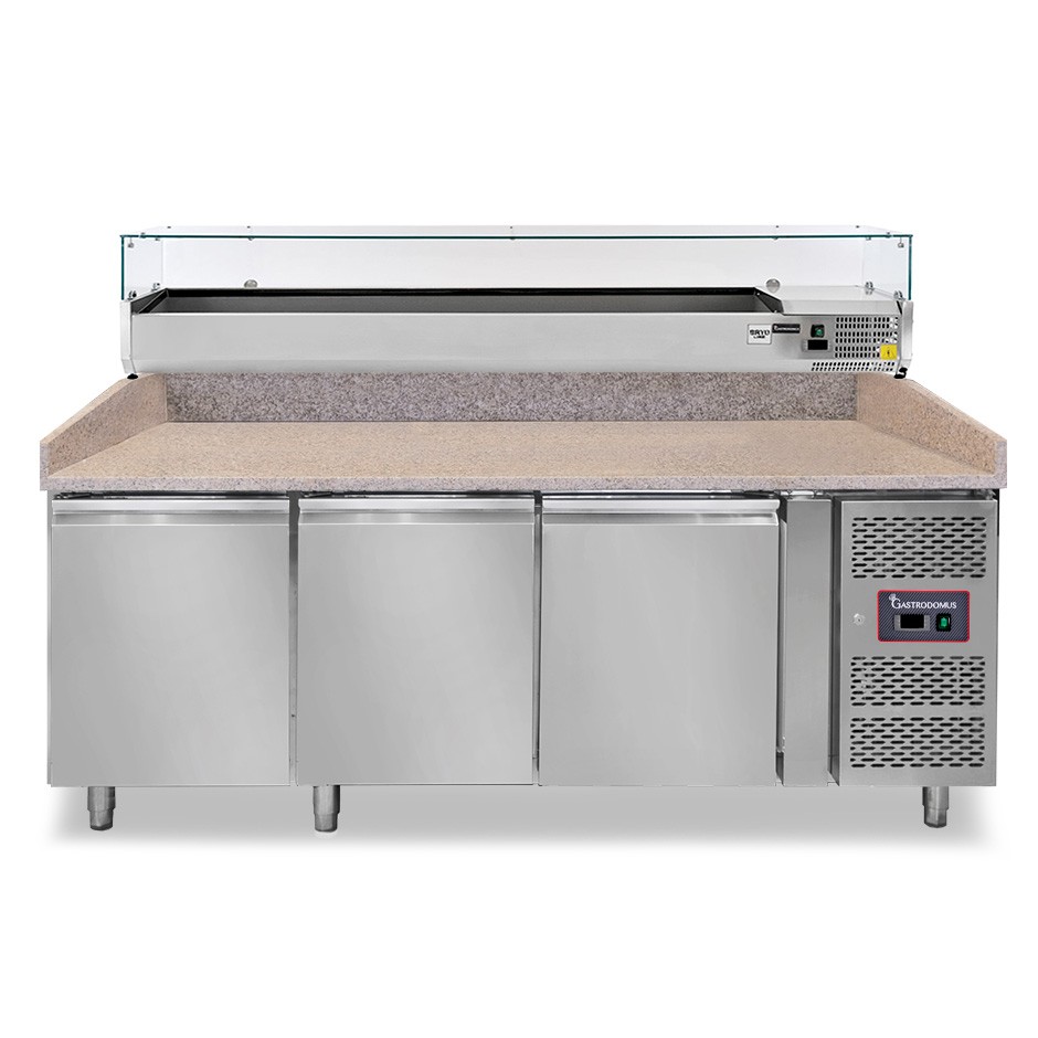 Pizzakühltisch, 3 Türen, 580 L, Gitter 600 x 400 mm, mit Kühlaufsatzvitrine für 9 Behälter GN1/3