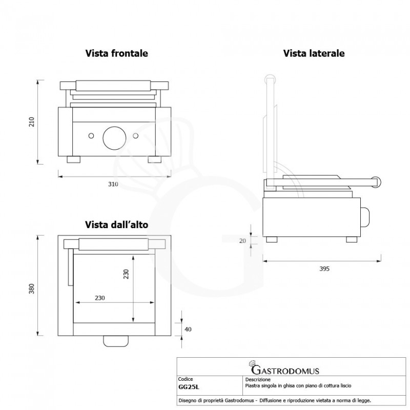 Kontaktgrill, glatte Grillplatte aus Gusseisen, B 130 mm x T 380 mm x H 210/520 mm