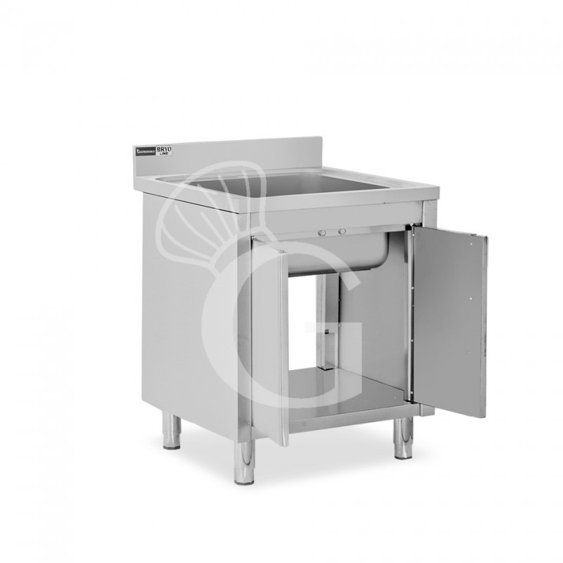 Spülschrank, Edelstahl, 1 Flügeltür, 1 Becken, Aufkantung, Hahnloch Ø 32 mm, B 700 mm x T 700 mm x H 965 mm