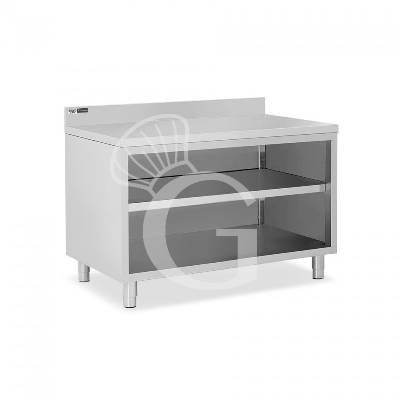 Arbeitsschrank offen, Edelstahl, 2 Regalböden, Aufkantung, B 1400 mm x T 700 mm x H 965 mm