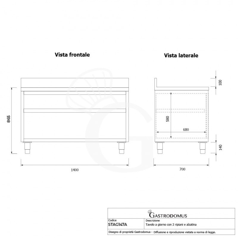 Arbeitsschrank offen, Edelstahl, 2 Regalböden, Aufkantung, B 1400 mm x T 700 mm x H 965 mm