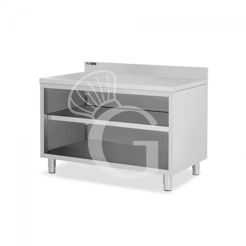 Arbeitsschrank offen, Edelstahl, 2 Regalböden, Aufkantung, B 1500 mm x T 700 mm x H 965 mm