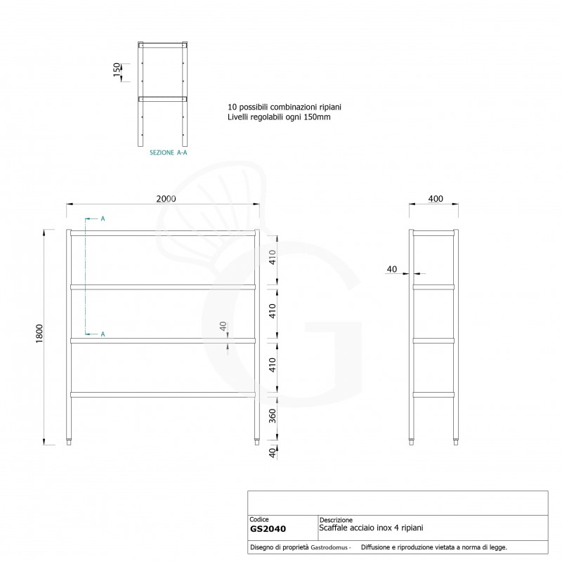 copy of Scaffale in acciaio inox con 4 ripiani, L 2000 x P 600 x H 2000 mm