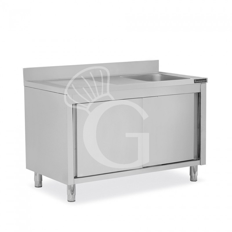 Spülschrank, Edelstahl, Abtropffläche links, Schiebetüren, 1 Becken, Aufkantung, B 1500 mm x T 600 mm x H 950 mm