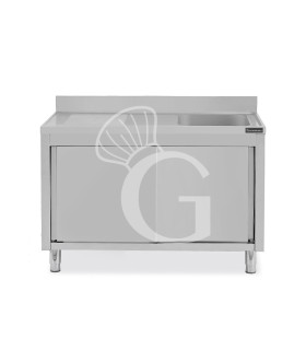 Spülschrank, Edelstahl, Abtropffläche links, Schiebetüren, 1 Becken, Aufkantung, B 1500 mm x T 600 mm x H 950 mm