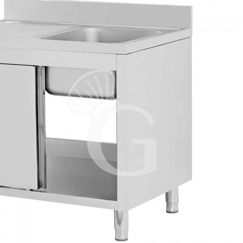 Spülschrank, Edelstahl, Abtropffläche links, Schiebetüren, 1 Becken, Aufkantung, B 1500 mm x T 600 mm x H 950 mm