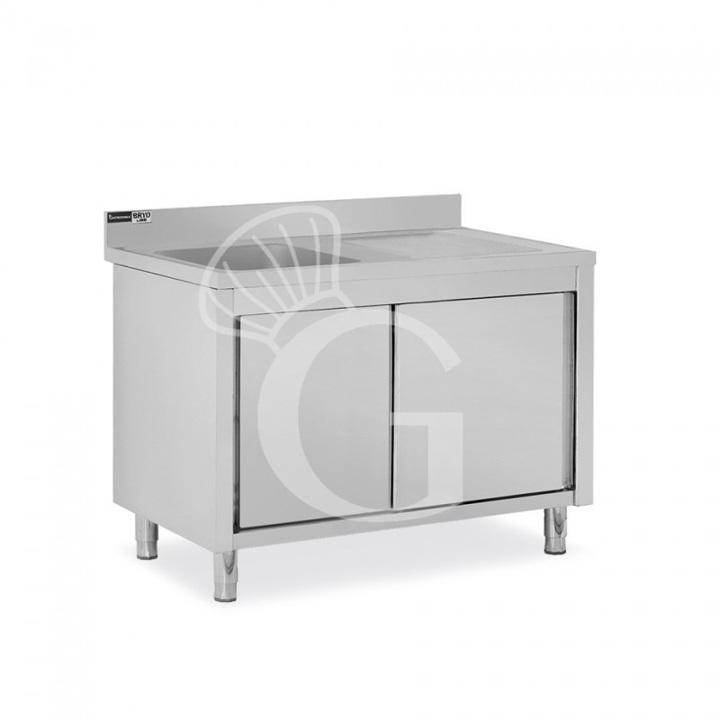 Spülschrank, Edelstahl, Schiebetüren, 1 Becken, Abtropffläche rechts, Aufkantung, Hahnloch Ø 32 mm, B 1400 x T 700 x H 965 mm