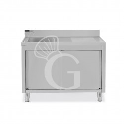 Spülschrank, Edelstahl, Schiebetüren, 1 Becken, Abtropffläche rechts, Aufkantung, Hahnloch Ø 32 mm, B 1400 x T 700 x H 965 mm