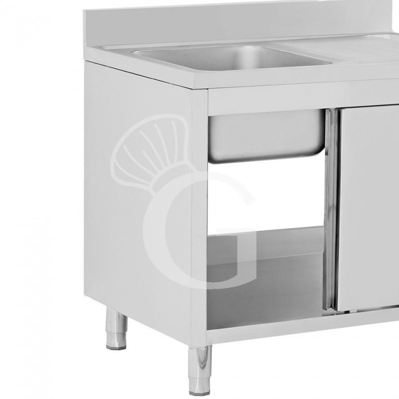 Spülschrank, Edelstahl, Schiebetüren, 1 Becken, Abtropffläche rechts, Aufkantung, Hahnloch Ø 32 mm, B 1400 x T 700 x H 965 mm