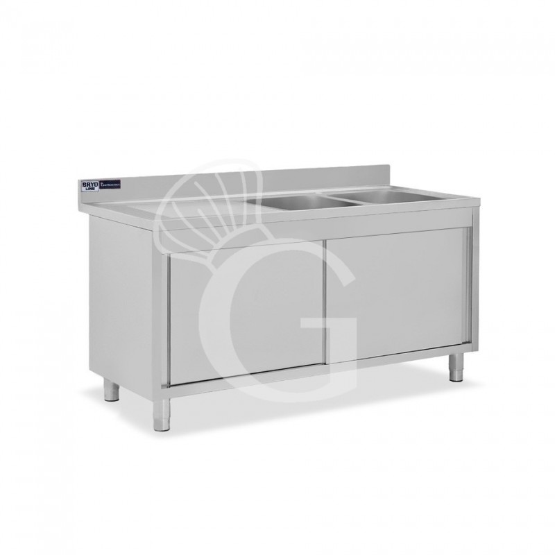 Spülschrank, Edelstahl, Schiebetüren, 2 Becken, Abtropffläche links, Aufkantung, B 1500 mm x T 700 mm x H 950 mm