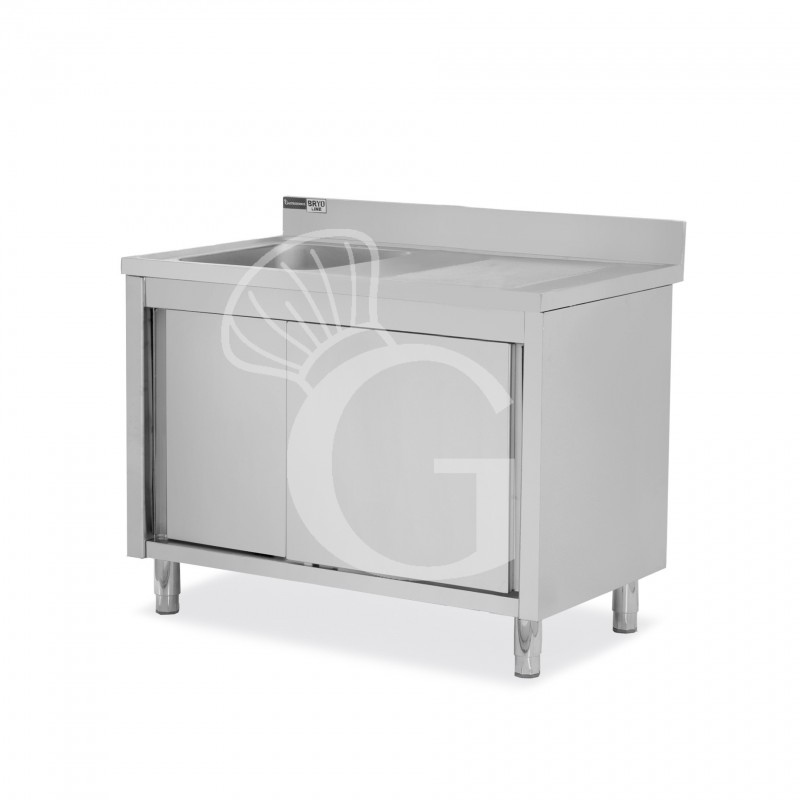 Spülschrank, Edelstahl, Schiebetüren, 1 Becken, Abtropffläche rechts, Aufkantung, Hahnloch Ø 32 mm, B 1400 x T 700 x H 965 mm