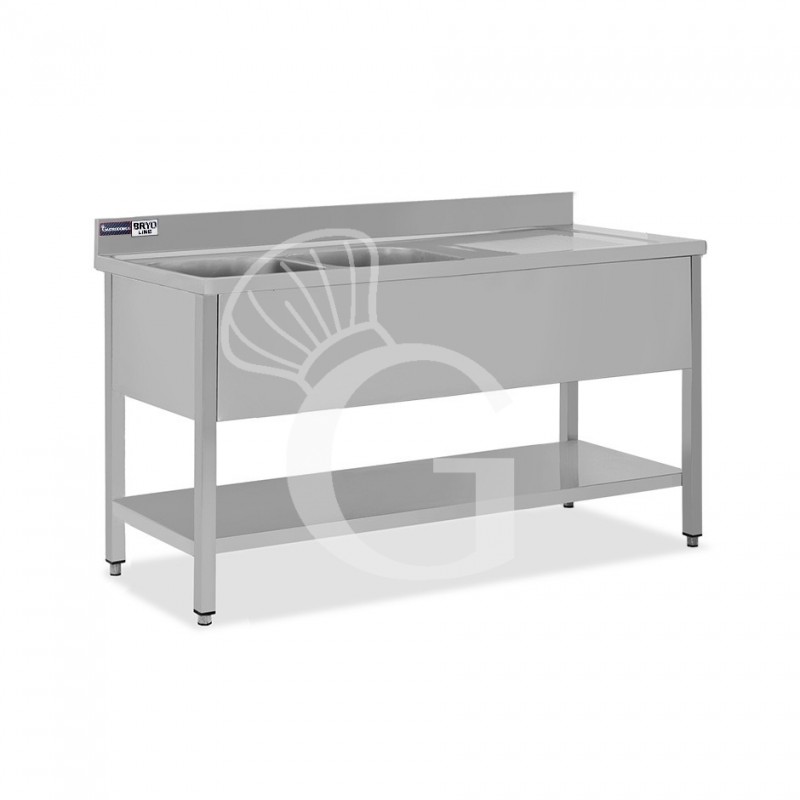 Spültisch, Edelstahl, Grundboden, Aufkantung, 2 Becken, Abtropffläche rechts, Hahnloch (Ø 32 mm), B 1700 x T 700 x H 965 mm