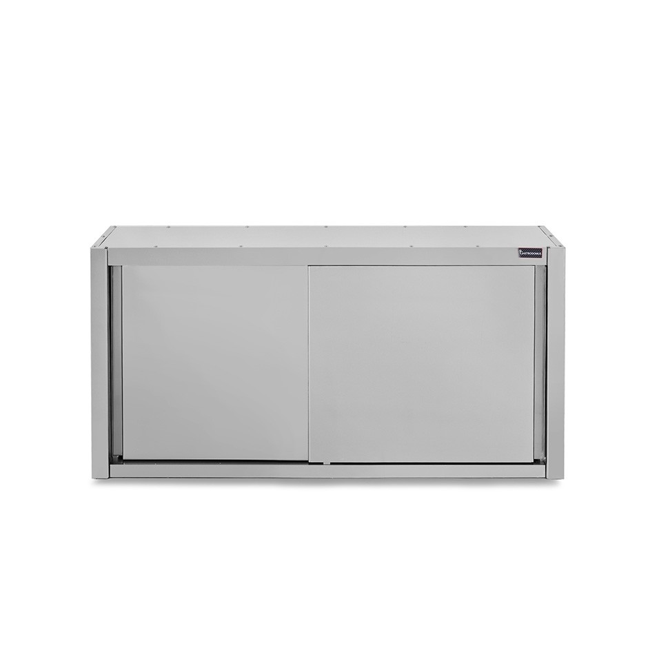 Wandhängeschrank, Edelstahl, mit Abtropffläche, Schiebetüren, 1 gelochter Zwischenboden, B 1400 mm x T 400 mm x H 800 mm