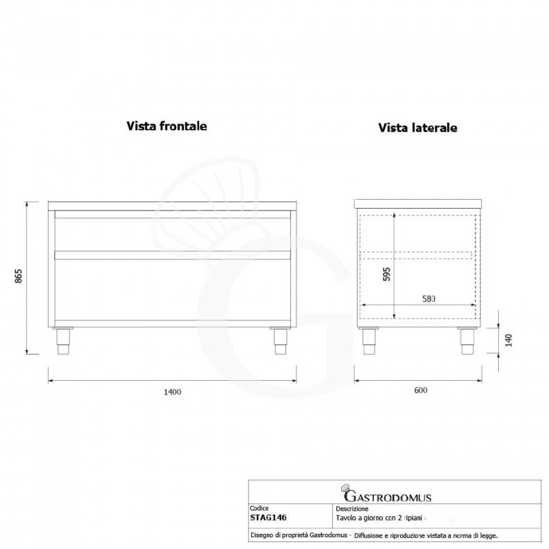 Arbeitsschrank offen, Edelstahl, 2 Regalböden, B 1400 mm x T 600 mm x H 865 mm