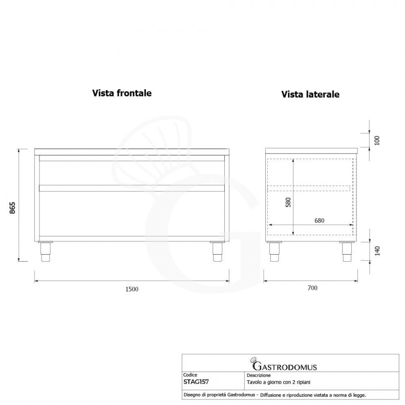 Arbeitsschrank offen, Edelstahl, 2 Regalböden, B 1500 mm x T 700 mm x H 865 mm