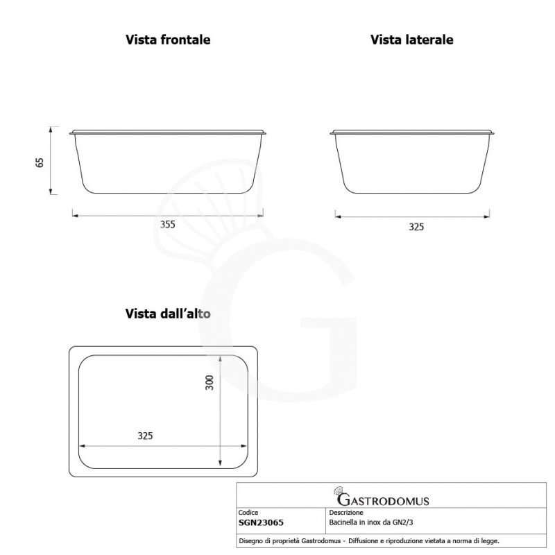 GN Behälter 2/3, Edelstahl, 5,5 Liter, B 353 mm x T 325 mm x H 65 mm