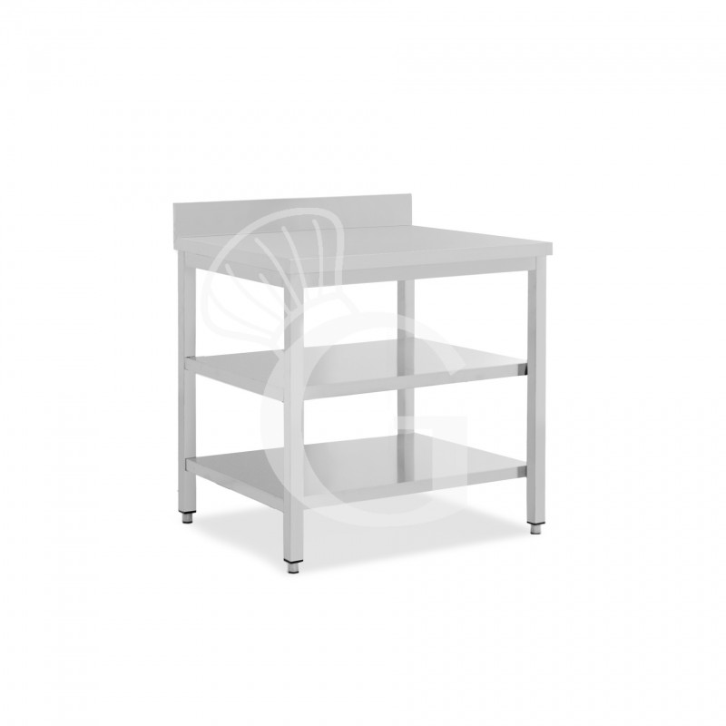 Edelstahltisch, 2 Regalböden, Aufkantung, B 900 mm X T 800 mm X H 965 mm