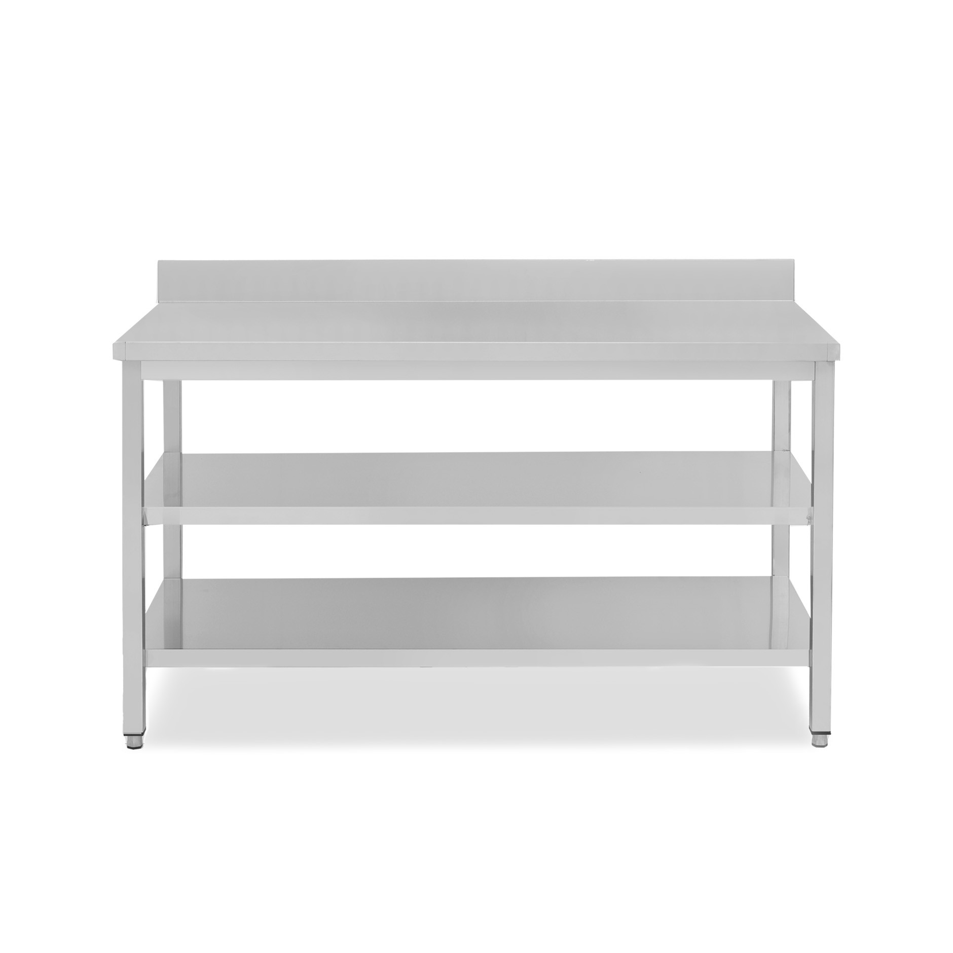 Tavolo semplice in acciaio inox con 2 ripiani, alzatina e misure L 1900 mm x P 700 mm x H 850 mm