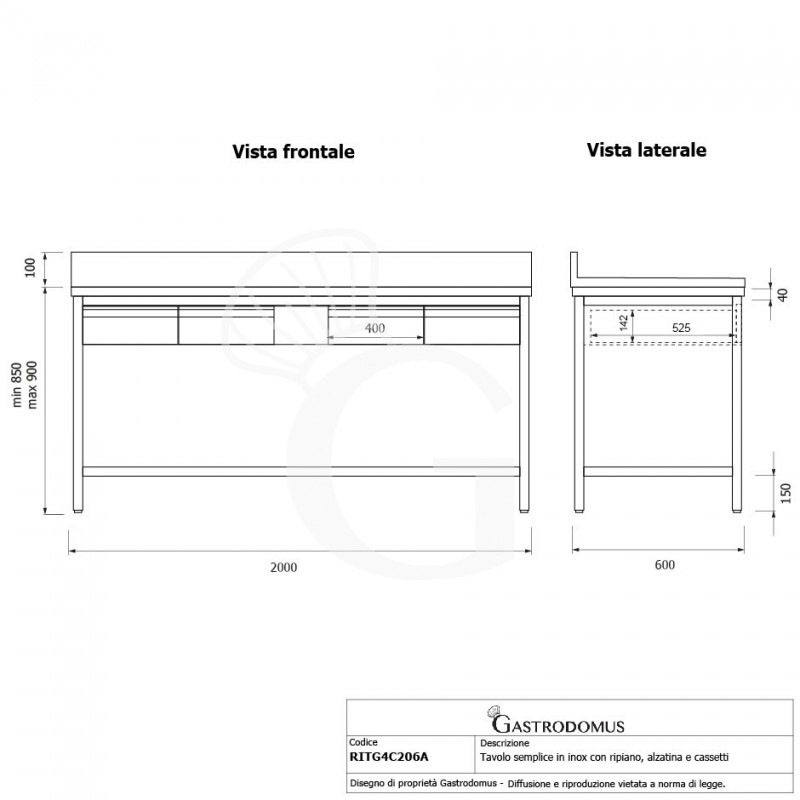 Edelstahltisch Grundboden Aufsatz 4 Schubladen B 2000 mm x T 600 mm x H 950 mm