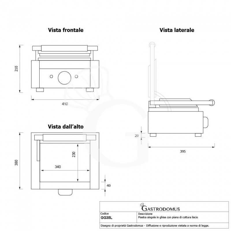 Kontaktgrill, glatte Grillplatte aus Gusseisen, B 410 mm x T 380 mm x H 210/520 mm