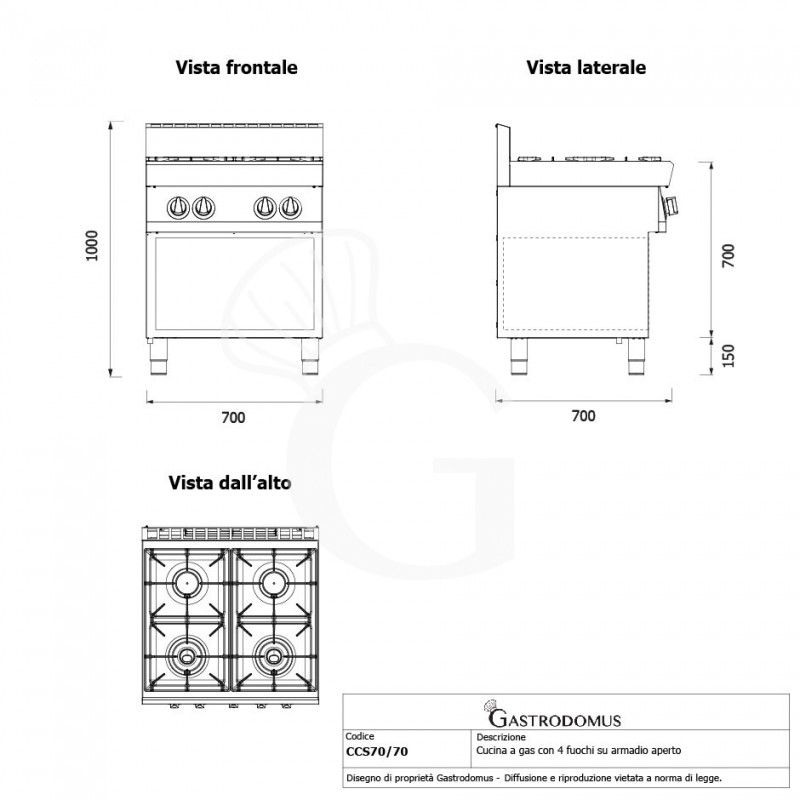 Professioneller Gasherd mit 4 Brenner und offenen Unterbau, Tiefe 700 mm